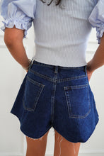 Load image into Gallery viewer, THE FLARED DENIM SHORTS- DARK WASH
