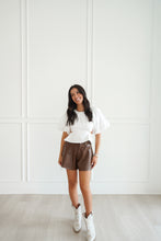 Load image into Gallery viewer, THE FLARED LEATHER SHORTS- BROWN
