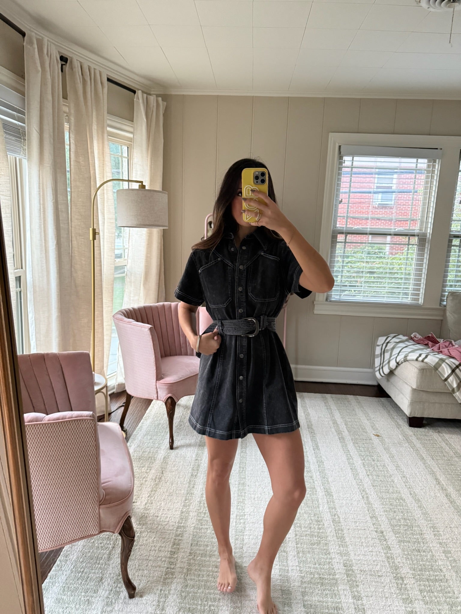 BLACK DENIM MINI DRESS WITH BELT- EXTRAVSMALL